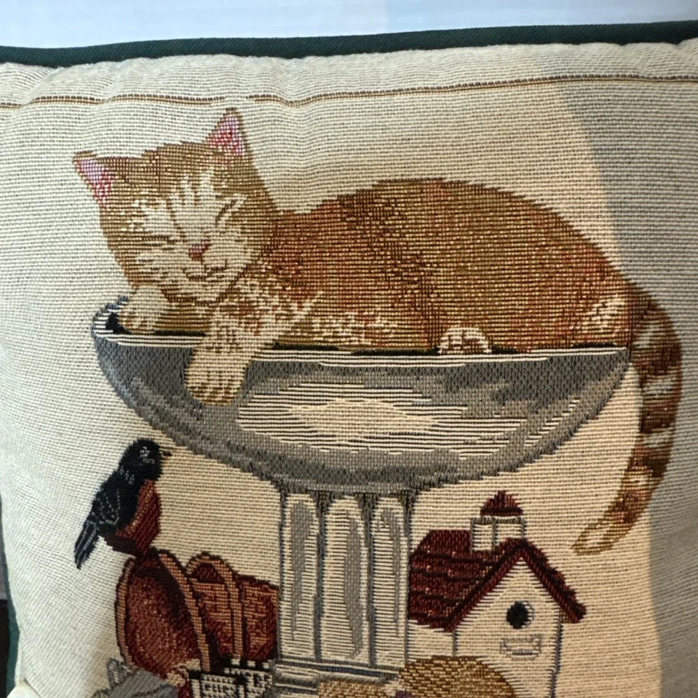 Jacquard Weave Tapestry Pillow CAT In Birdbath Bird watches Cat Spring Flowers